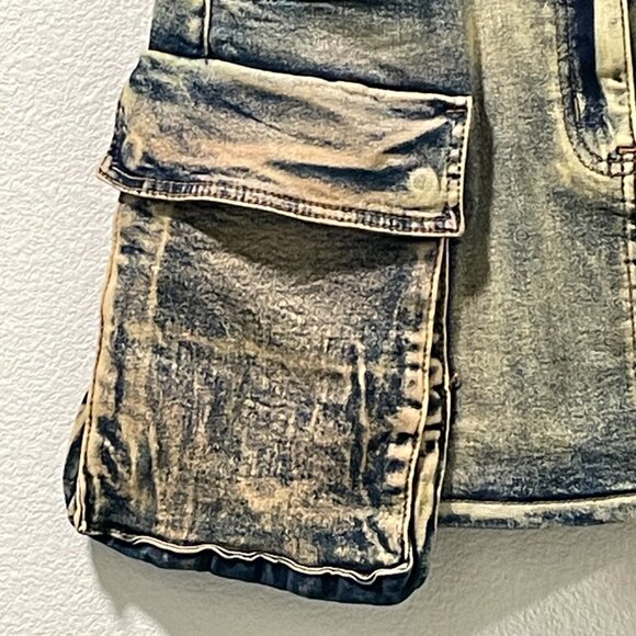 AMERICAN BAZI Denim Mini Skirt Cargo Pockets Over-dyed Distressed Blue Size L - Picture 5 of 13
